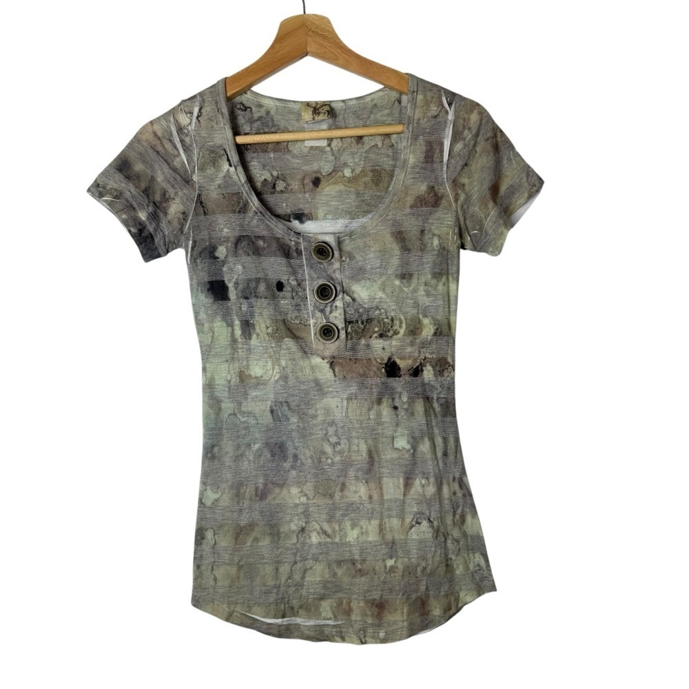 Daytrip Green Burnout Y2K Scoop Neck Henley T-Shirt XS